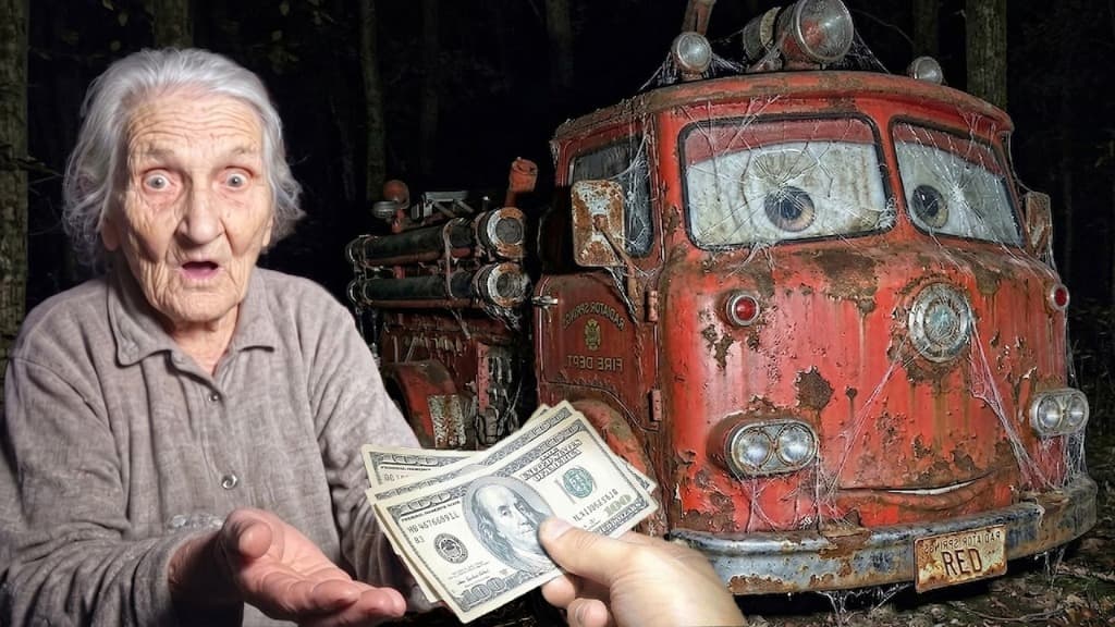 Shocked Old Lady and Vintage Rusty Fire Truck with Money